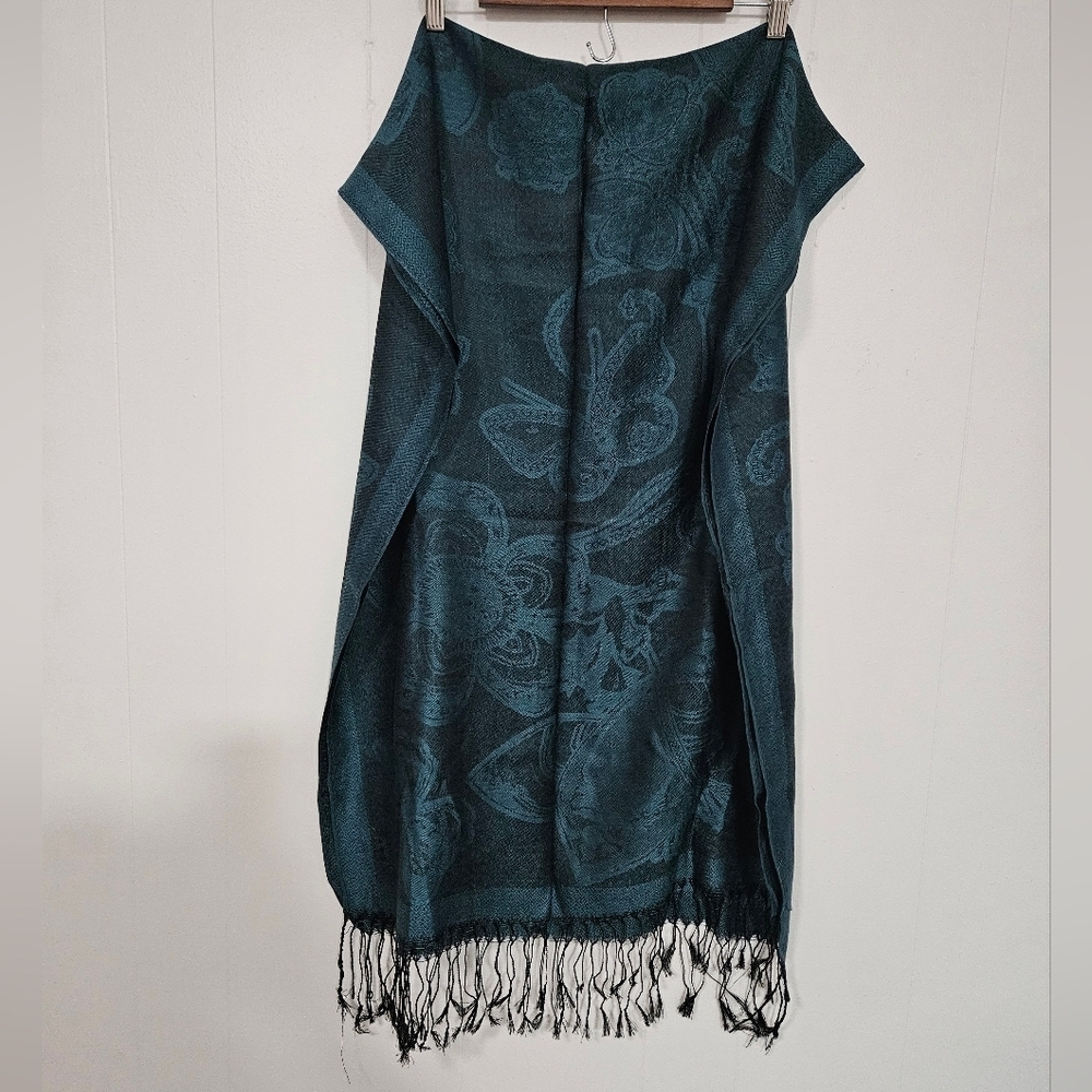 NWT Jerusalem Teal Floral Butterfly Patterned Cashmere Shawl with Fringe
